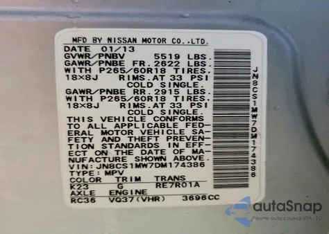 2013 Infiniti Fx37 z USA, uszkodzony, nr VIN JN8CS1MW7DM174386